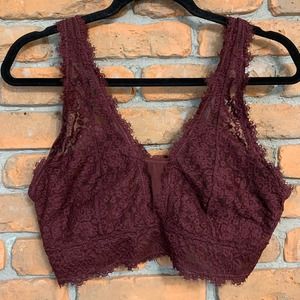 Aerie Women's Floral Eyelash Lace Plunge Wireless Bralette Wine Purple - Size XL